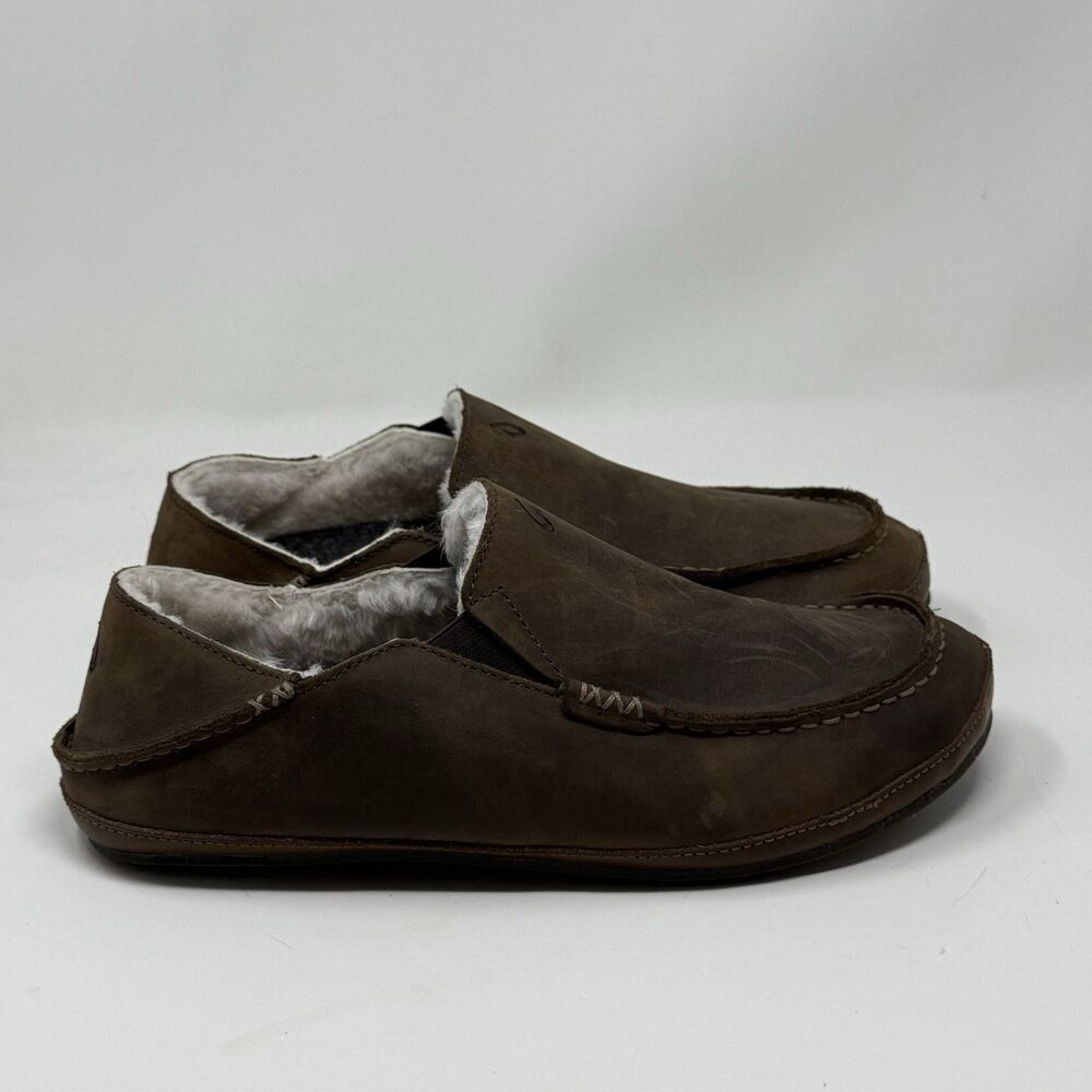 OluKai Moloa Slippers Mens 9 Brown Leather Shearling Lined House Moccasin Shoes